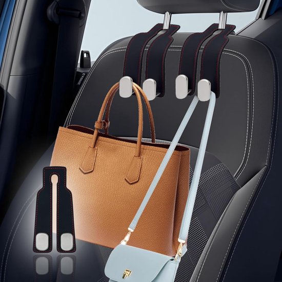 2 stuks autostoel dubbelhaken achterhaken, haken achterbank hoofdsteun autohaken van leer universeel, tashaken voor de hoofdsteun van de auto voor handtassen paraplu's tassen — afbeelding 4