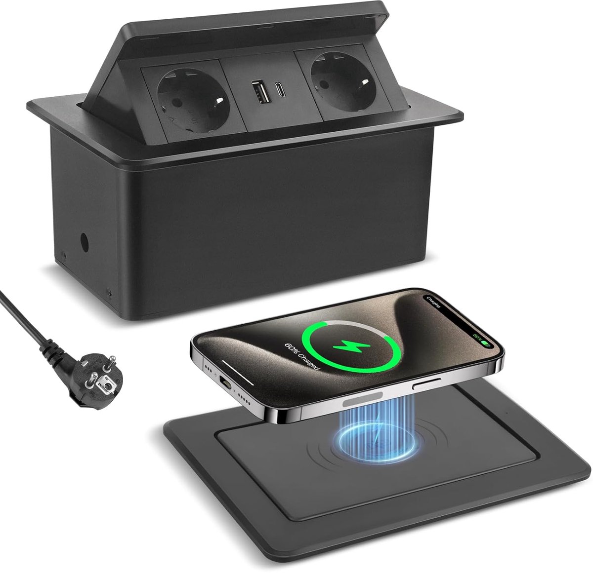 intrekbare socket keuken met draadloze oplader 15 w en PD20w usb c inbouw stopcontact 2-weg tafelstopcontact snel opladen pop-up voor kantoor werkblad