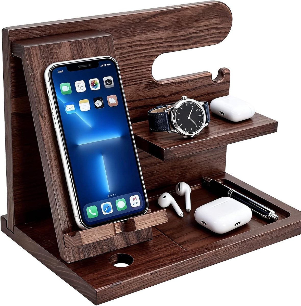 Houten telefoondockingstation, telefoonhouder, bureauaccessoires, werkplek-organizer, organizer, telefoonhouder, jubileum, afstuderen, verjaardagscadeau voor mannen, vintage bruin