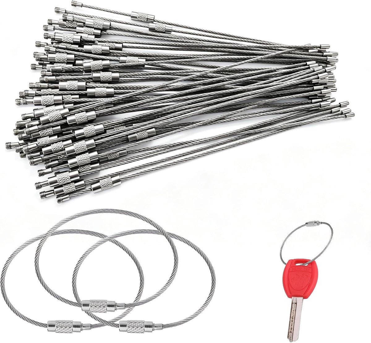 50 stuks 15 cm draad sleutelhangers van roestvrij staal 304 - multifunctionele sleutelringen met draaisluiting voor doe-het-zelfprojecten, bagagelabels, sieraden en meer - robuuste en duurzame