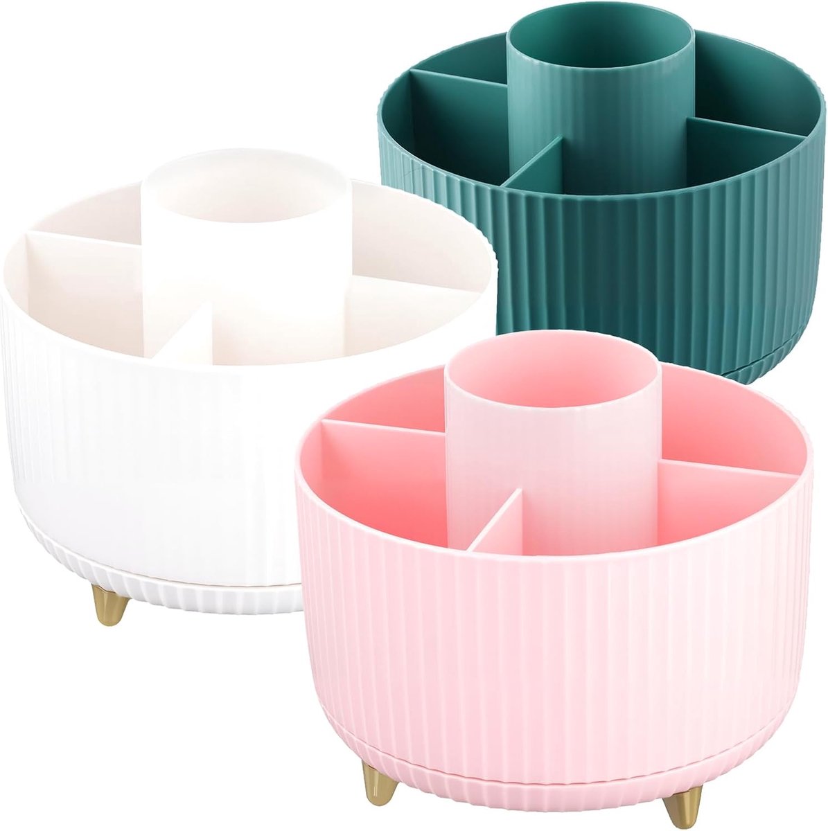 3 stuks roterende make-upopslag, plastic cosmetica-organisator draaibare 360 graden, 5 compartimenten make-uporganizer voor make-up, gereedschap, badkamer, kantoor, wit, roze, blauw