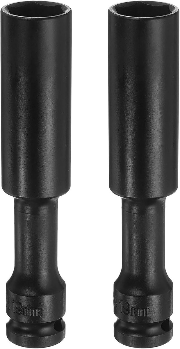 2 stuks diepe dunne wandslagmoersleutel, steeksleutel, 19 mm, metrisch, 6-punts dopsleutel, 1/2 inch vierkante aandrijving 5 inch lang, CR-V staal, industriële kwaliteit, spindel, asmoer