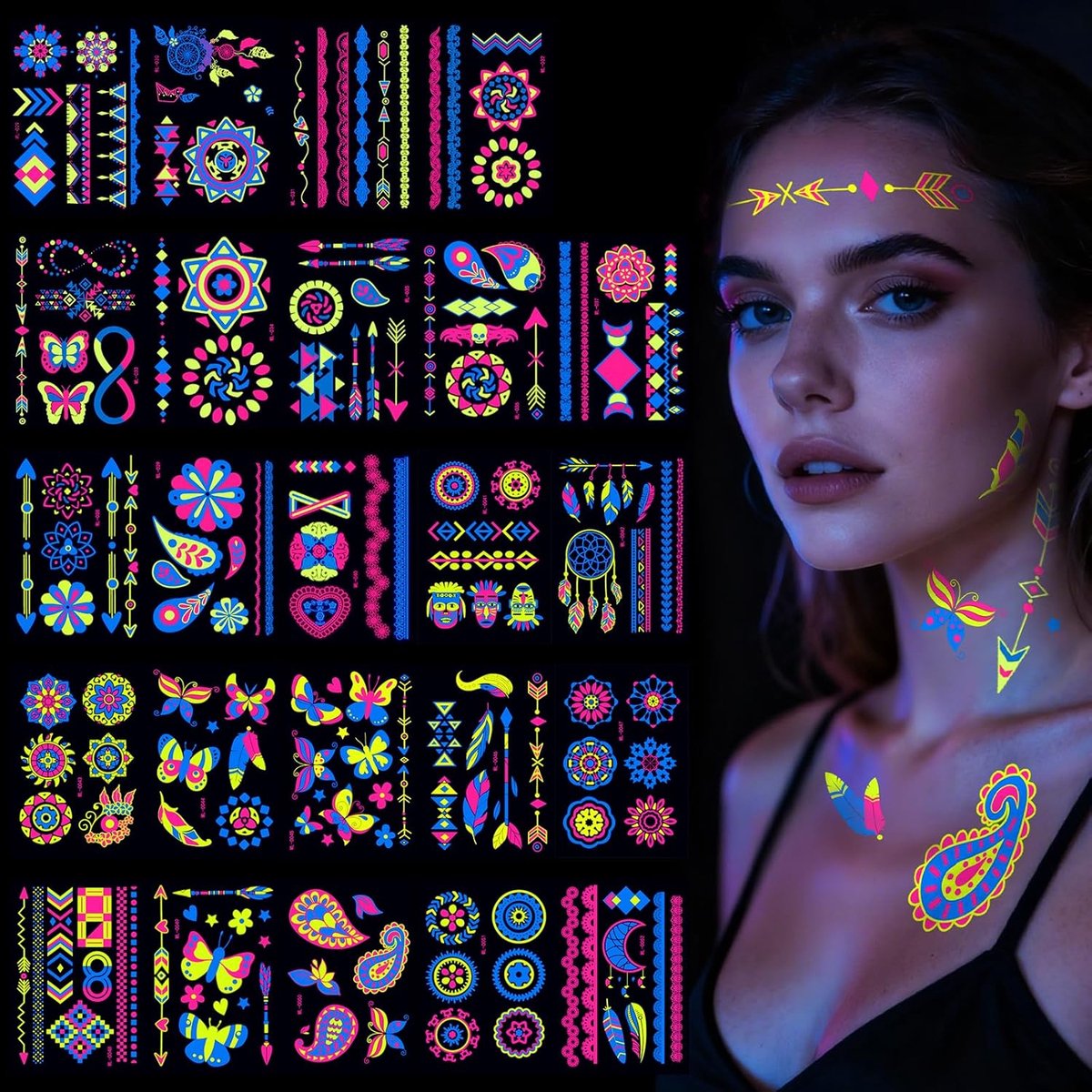 Neon Tattoos, 24 vellen neon gezichtstattoo om op te plakken, waterdichte glittertattoos, blacklight, make-up onder uv, neon feestaccessoires Halloween, carnaval, festival
