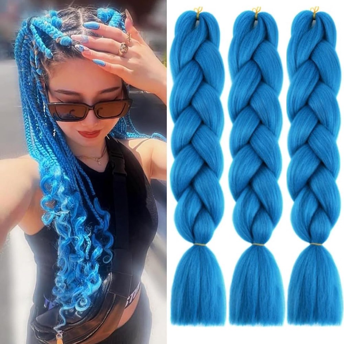 Kunsthaar, 3 stuks, jumbo vlechten, 61 cm, 100 g Kanekalon haar, vlechten, extensions voor crochet en twist vlechten, cyaanblauw