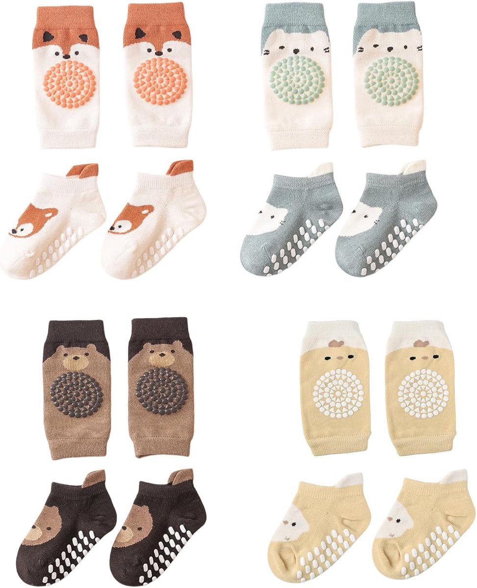 Set van 4 paar kniebeschermers voor baby's, kruipsokken en kniebeschermers, zacht en comfortabel katoen, antislipsokken en kniebeschermers voor peuters van 0-12 maanden, Set A, S