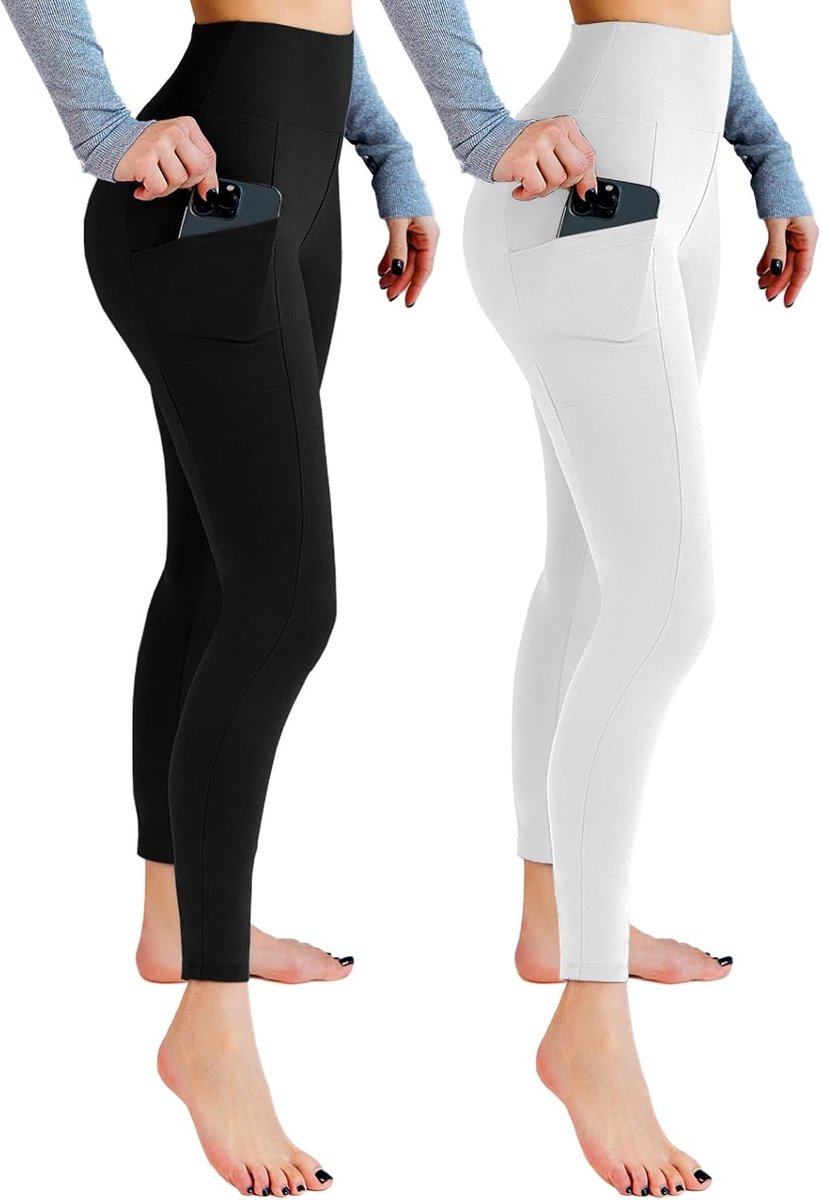 Leggings voor dames, hoge taille, ondoorzichtige leggings met zakken voor work-out, sport, yoga, hardlopen, 2 stuks