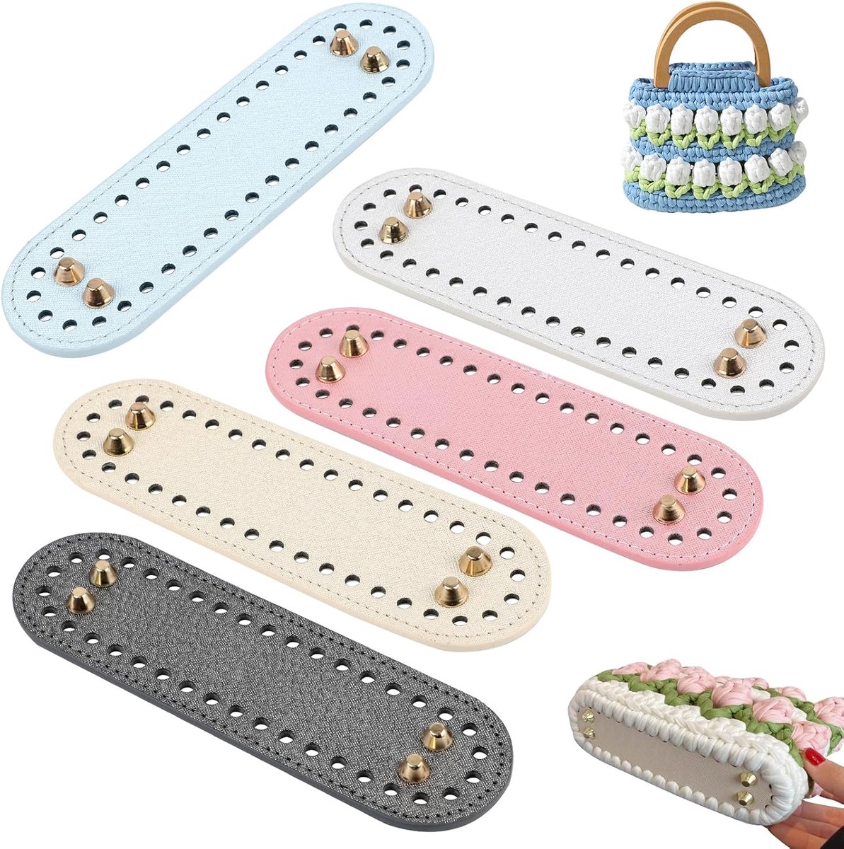 5 stuks PU-lederen tasbasis voor haken, ovale zakbodem met gaten, handtas portemonnee bodem shaper pad, doe-het-zelf breien gehaakte mand basis voor schoudertassen maken