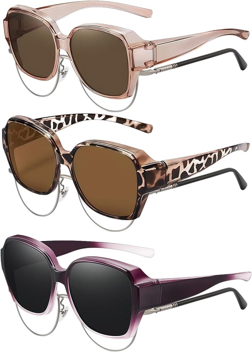 Set van 3 paar - Clip-on zonnebrillen - Gepolariseerd - Ontspiegelende lenzen - Unisex - UV-bescherming - Ultralicht - Stijlvol en veelzijdig - Geschikt voor brildragers - Verkrijgbaar in meerdere kleuren