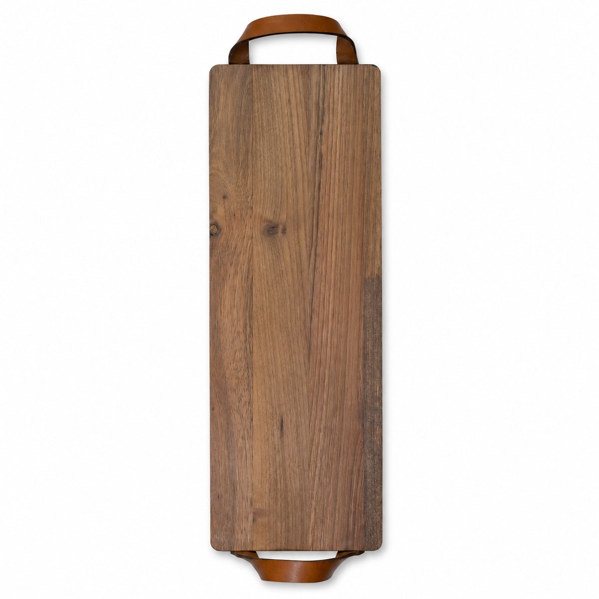Luxe Borrelplank met Leren Handvatten – FSC 100% Walnoothout – Serveerplank en Kaasplank – 48 x 17 cm