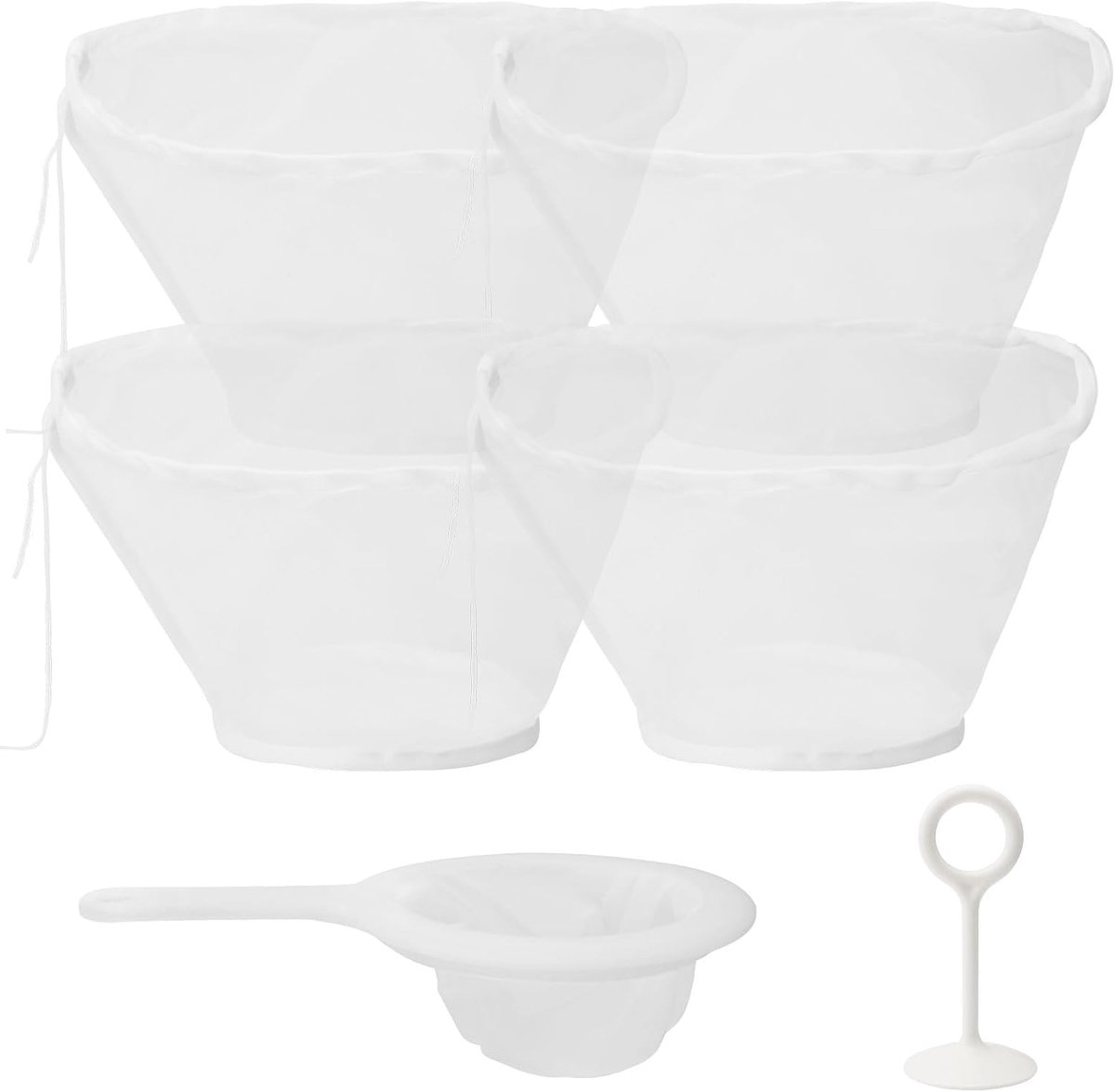 4 stuks notenmelkzakjes met 1 zeef, klein en persbalk, kaasdoek, passeerdoek, herbruikbaar, met trekkoord, fijne zeefje, zeefdoek voor kaas, vruchtensap, amandel, yoghurt, wijn, tofu en