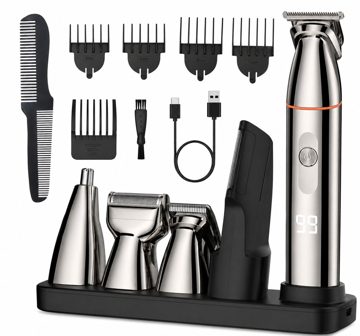 5-in-1 Grooming Set Heren - Baard- en Haartrimmer met Precisierazor - Neus, Oor en Body Trimmer - USB Oplaadbaar met LED Indicator