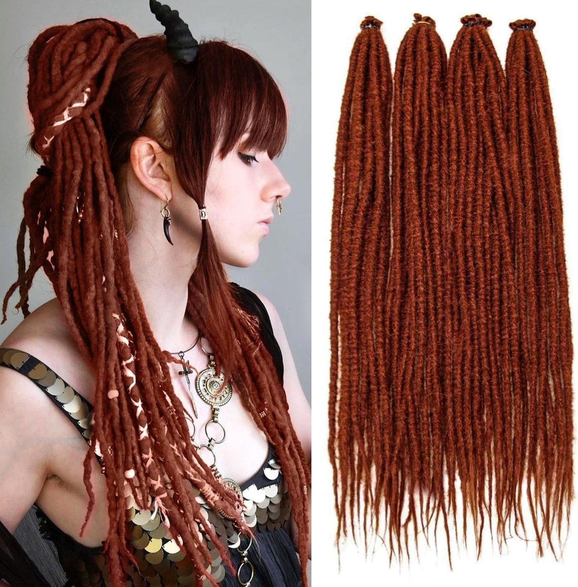 Auburn dreadlocks extensions, 20 strengen, handgemaakte dreadlock gehaakt haar, vlechten, synthetisch, 0,6 cm, hippie, rechte dreadlocks voor vrouwen