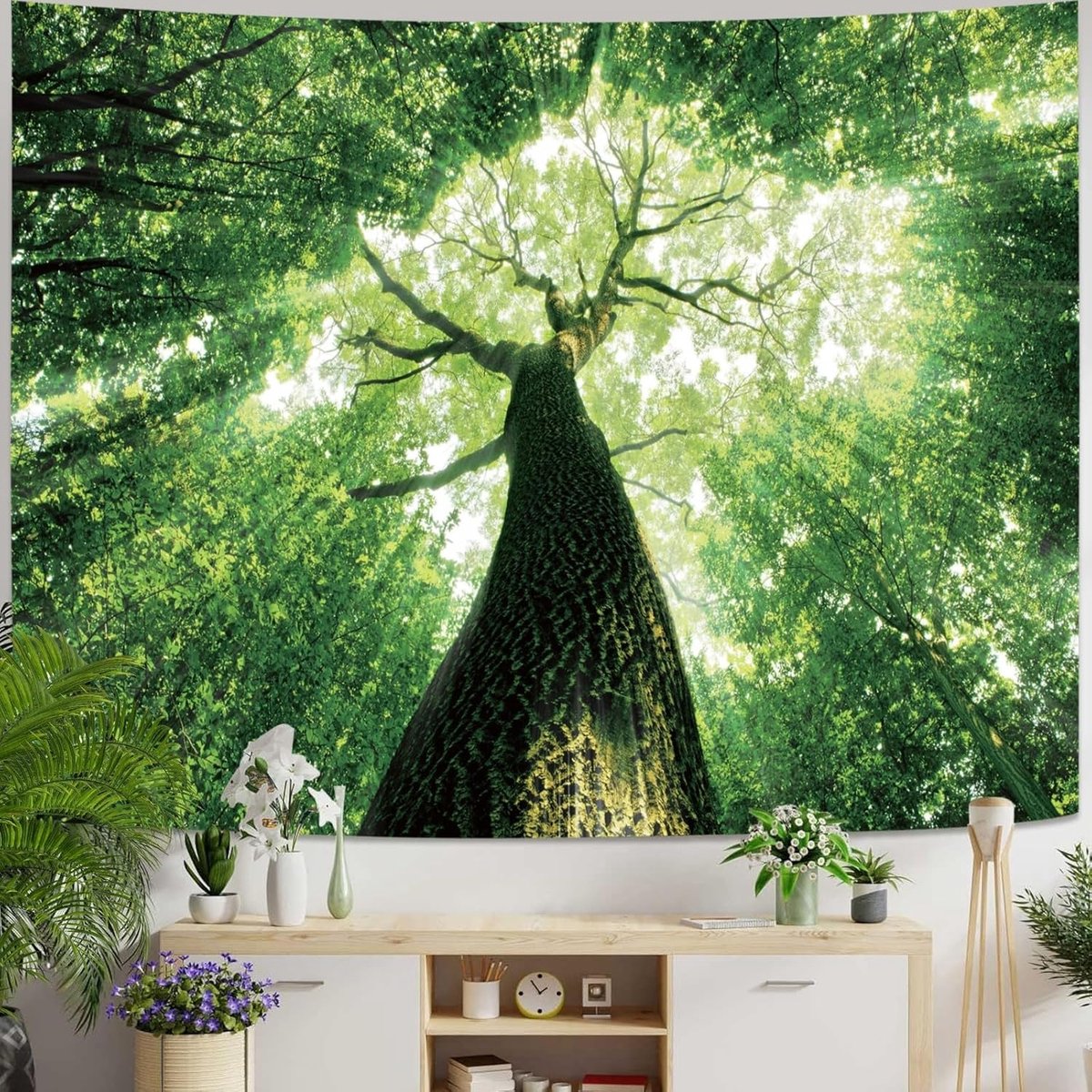Bos Wandtapijt Natuur Tapijt Landschap, Muurdoek Boom Zonsopgang Tapisserie Wanddecoratie voor Slaapkamer Woonkamer 150 x 130cm
