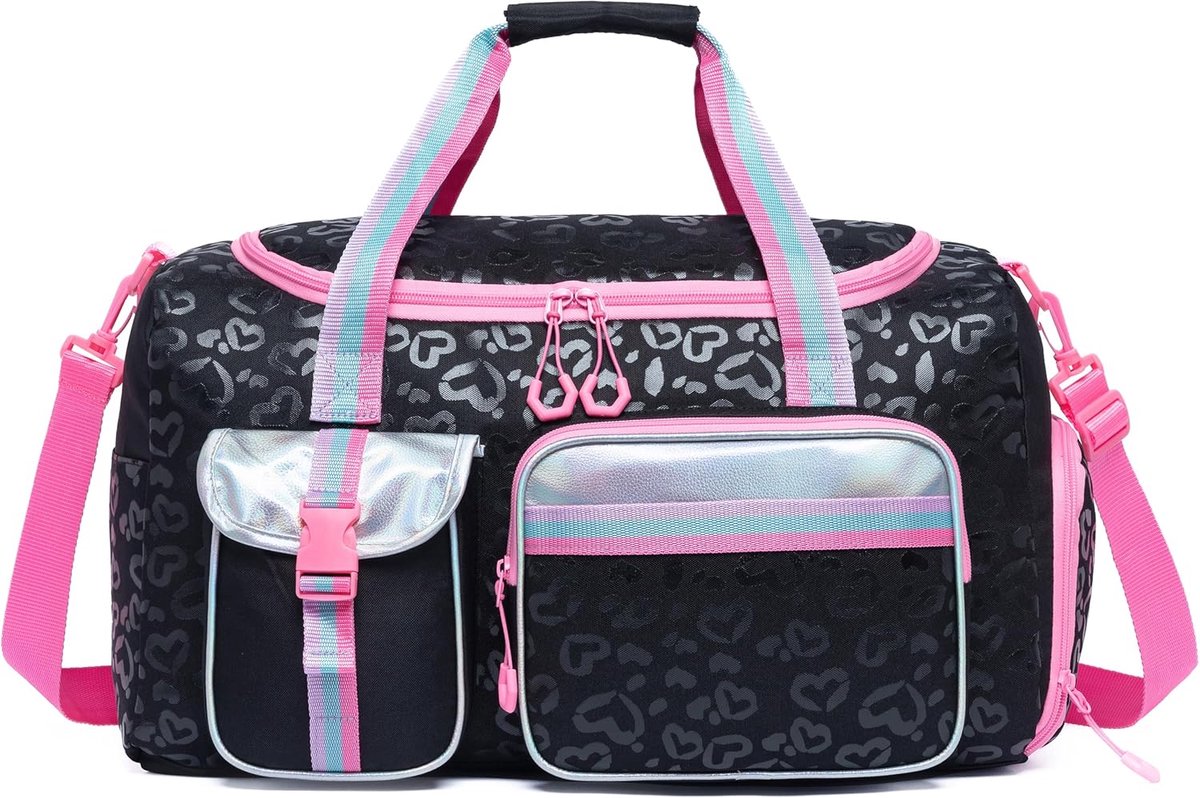 Reistas voor kinderen Sporttas met Schoencompartiment Overnachting Duffel Ballet Dans Sport Draagtas Weekender Kinderen Duffle Tas, Zwart Hart, Mediano