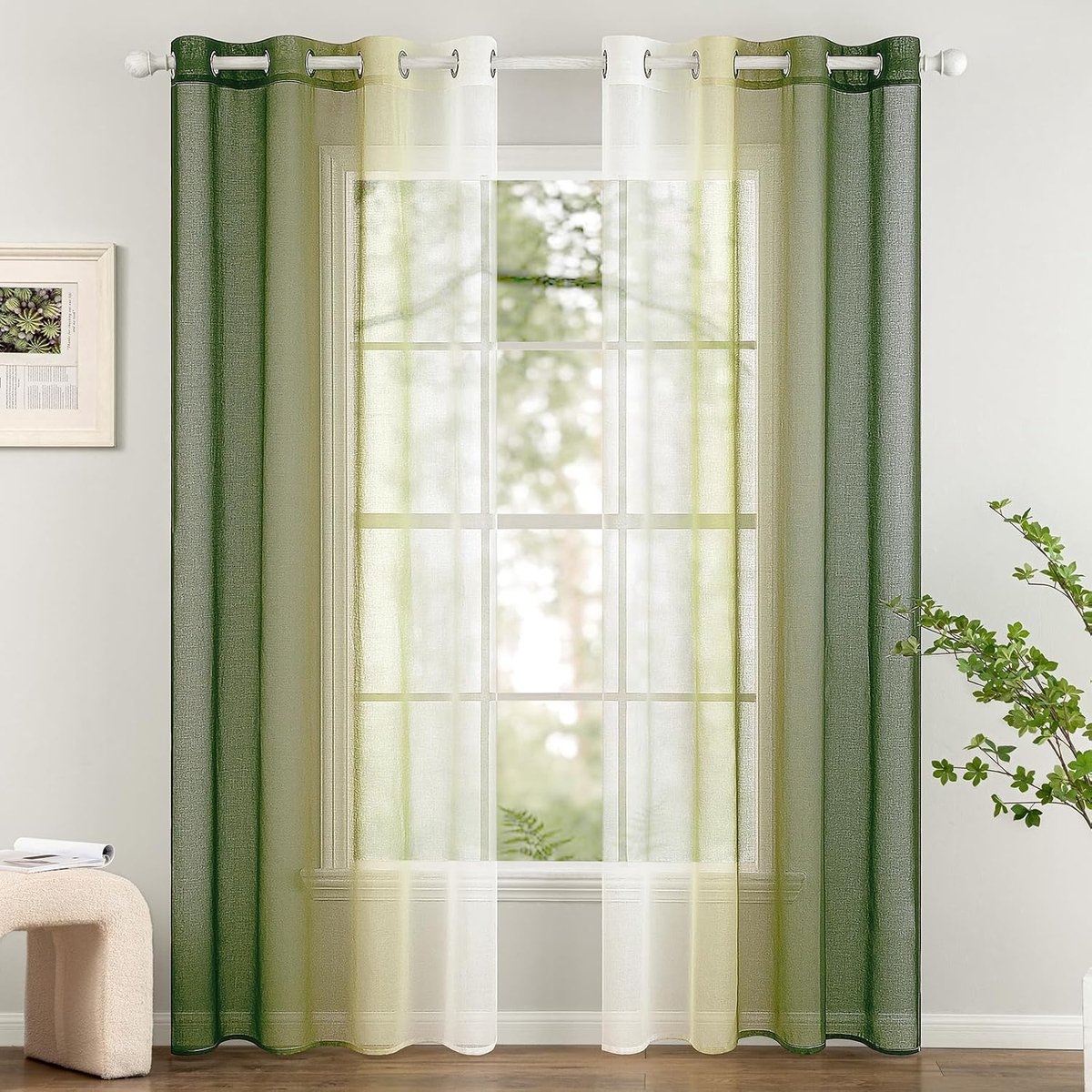 Set van 2 transparante gordijnen, Ombré gordijnen met ringen, semi-transparant, lichtgewicht, elegant, binnengordijnen voor moderne woonkamer, balkon, huis, 140x260cm, olijfgroen