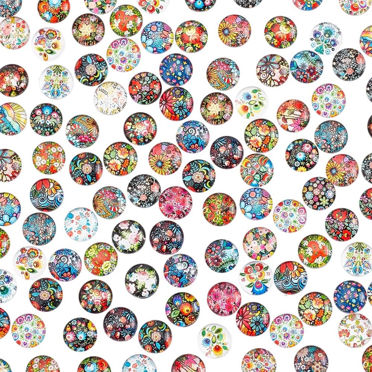 PandaHall 100Pcs 12Mm Bloem Gedrukt Glas Cabochons, Half Ronde Bloemen Dome Cabochons Mozaïek Tegels Mozaïek Gedrukt Glas Voor Foto Cameo Hanger Sieraden Maken Handwerken Scrapbooking