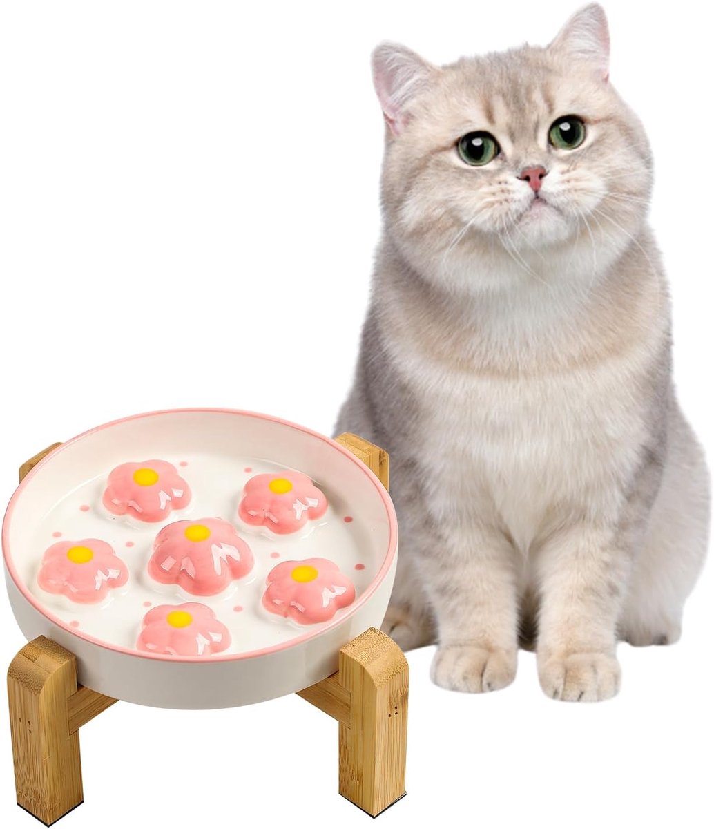 kattenvoerbak - Bamboe verhoogde standaard met antislipbasis - Labyrintvoerbak voor katten - 170 g - Lichtroze bloem