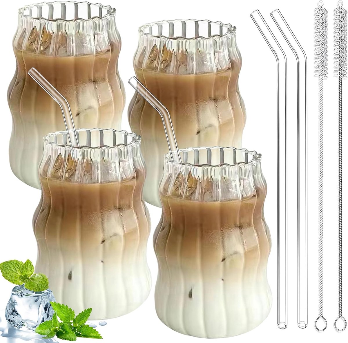 espressokopjes, latte macchiato-glazenset, 4 stuks, 530 ml, golvende drinkglazen, longdrinkglazen, set voor koffie, thee, cola, frisdrank, cocktails met glazen rietjes, borstels