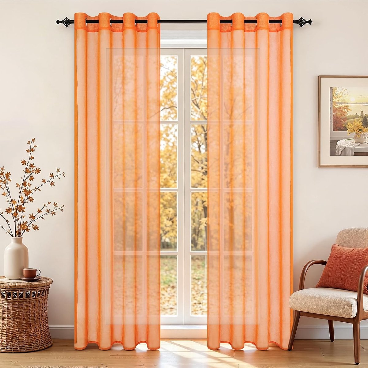 Transparant voilegordijn, 225 cm lang, 2 panelen, linnenlook, met zeilringen, voor slaapkamer, woonkamer, terrasdeur, 140 x 225 cm, oranje