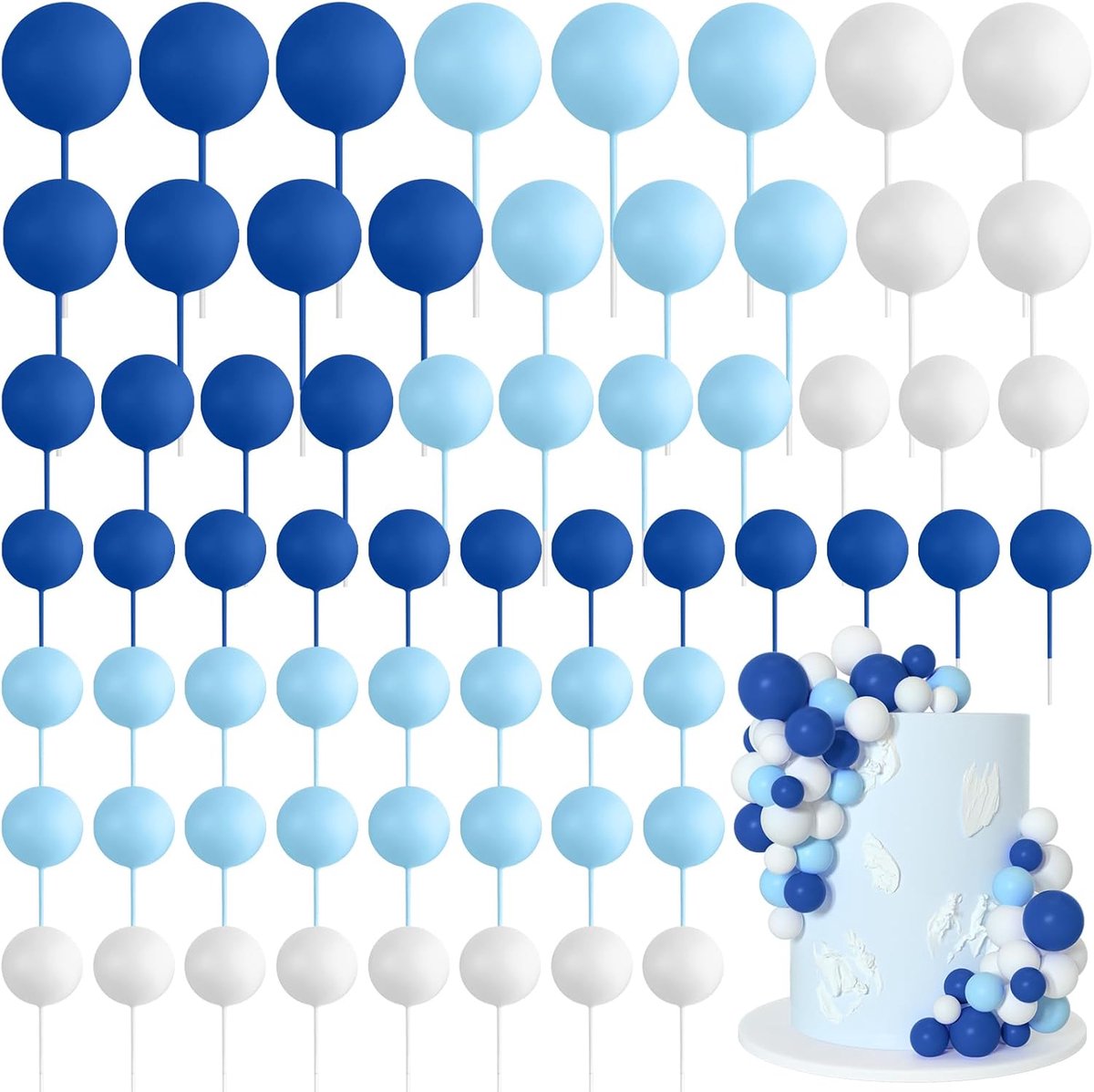 75 stuks, topper, decoratie, schuim, cupcaketopper, mini-ballon, taarttopper, ballen, taartprikkers voor taart-decoratie, verjaardagsfeest, bruiloft (koningsblauw, lichtblauw