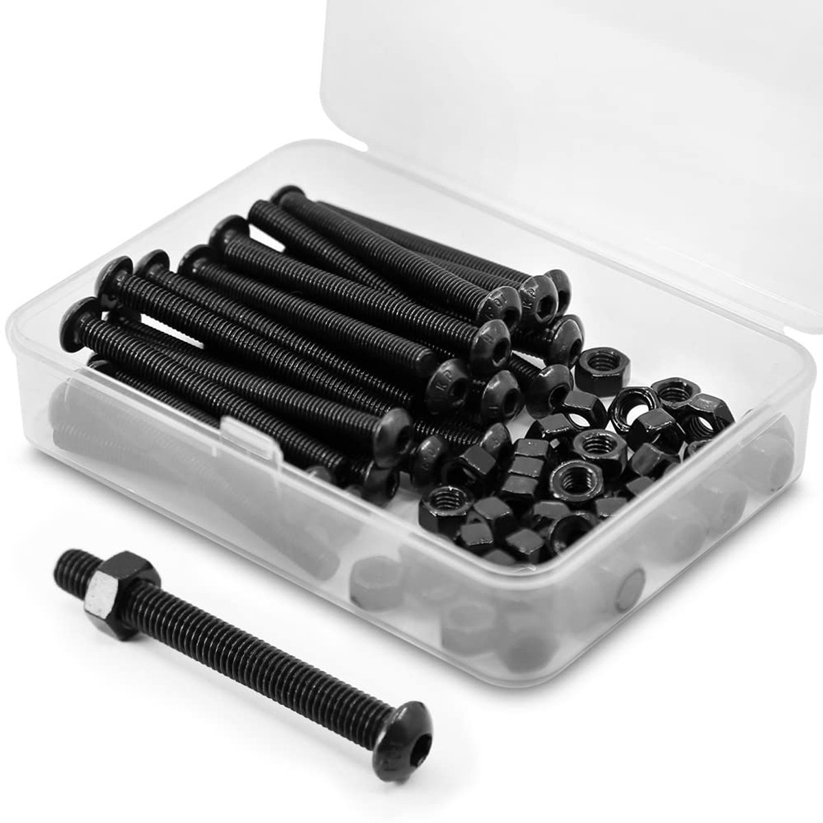 (30 set) M5 x 50 mm lenskopschroeven met binnenzeskant en moeren volledige schroefdraad van koolstofstaal 10,9 (zwart)