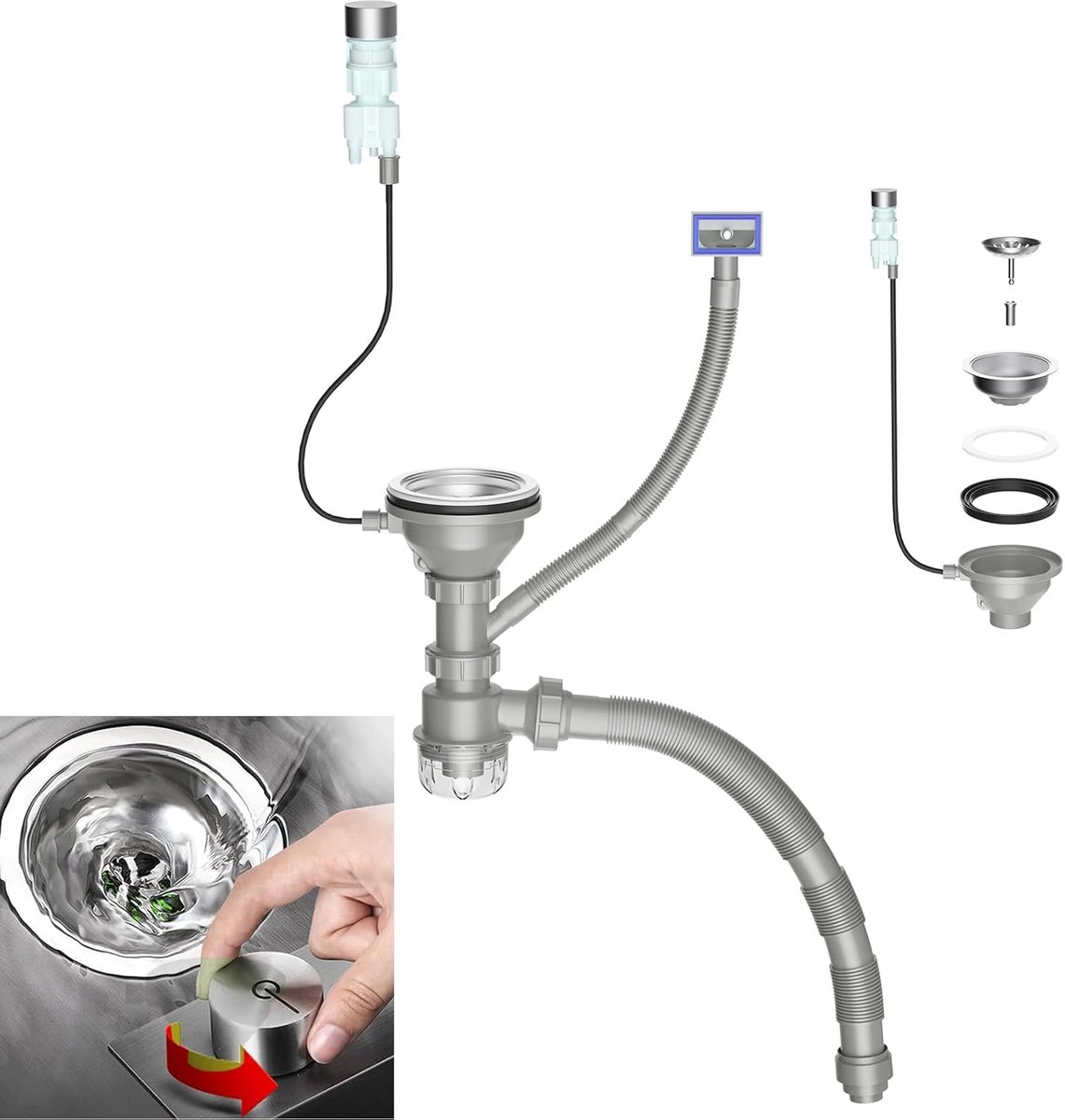 3-1/2 '' Aanrecht Afvoer Kit met Controle Knop Sink Afvoer Mand 304 Rvs SinkZeef Stopper Houden Handen Droog en Schoon Gootsteen Afvoer Montage