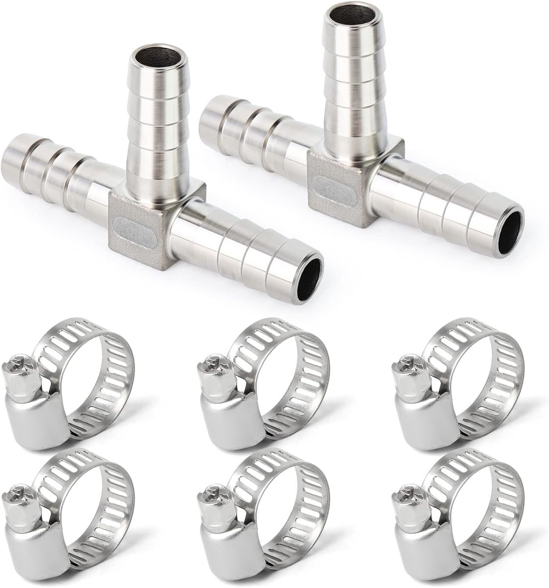 2 Stuks 10mm roestvrijstalen slangpilaar, 3-weg T-vormige SUS 304 slangfitting met 6 Stuks klemmen