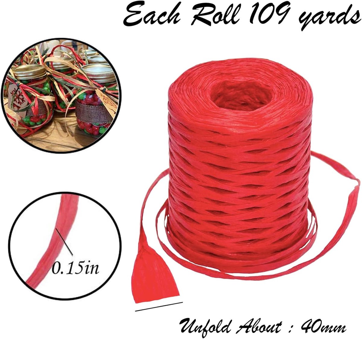 3 Rollen Kerstmis Raffia Lint voor Cadeauverpakking - 50 m Natuurlijk Groen en Rood Papier String - Kerst Garen