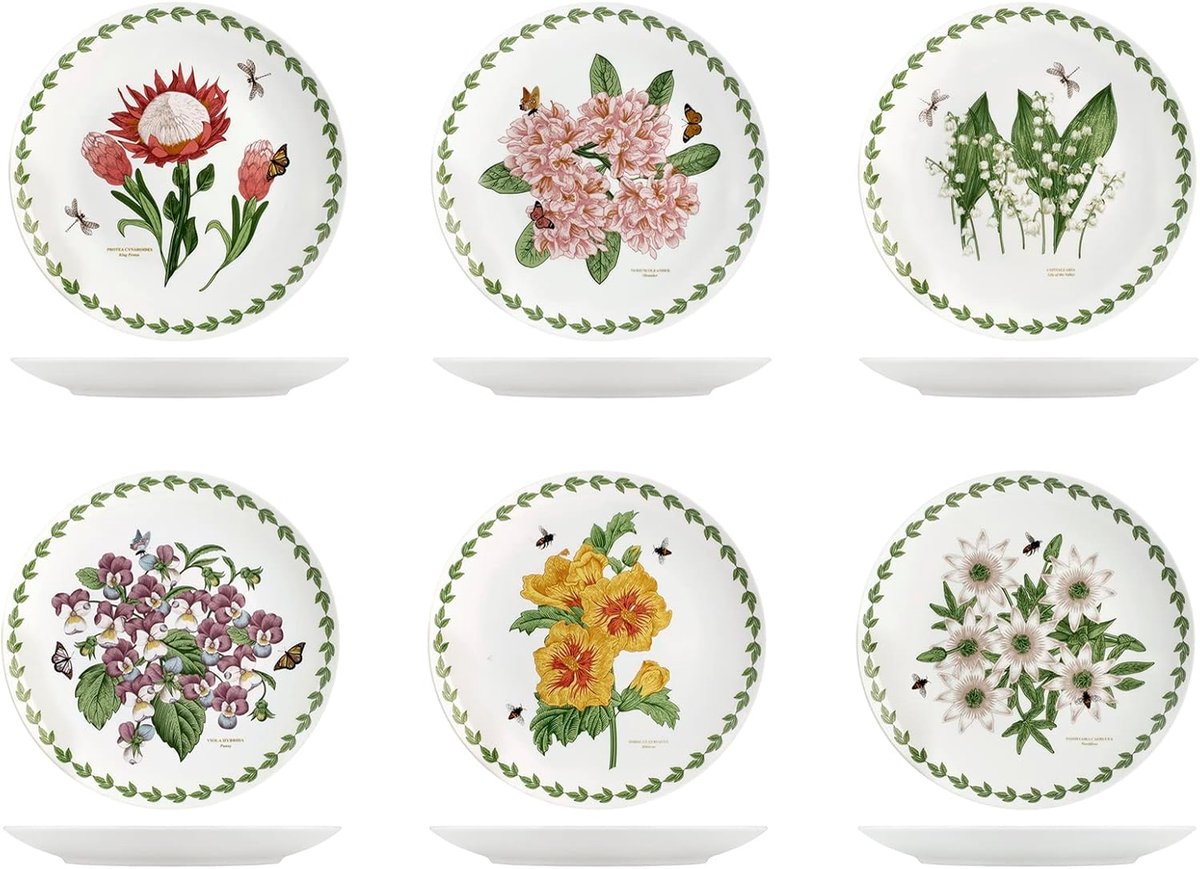 Set van 6 platte bloemenborden van porselein, gedecoreerd, 27 cm