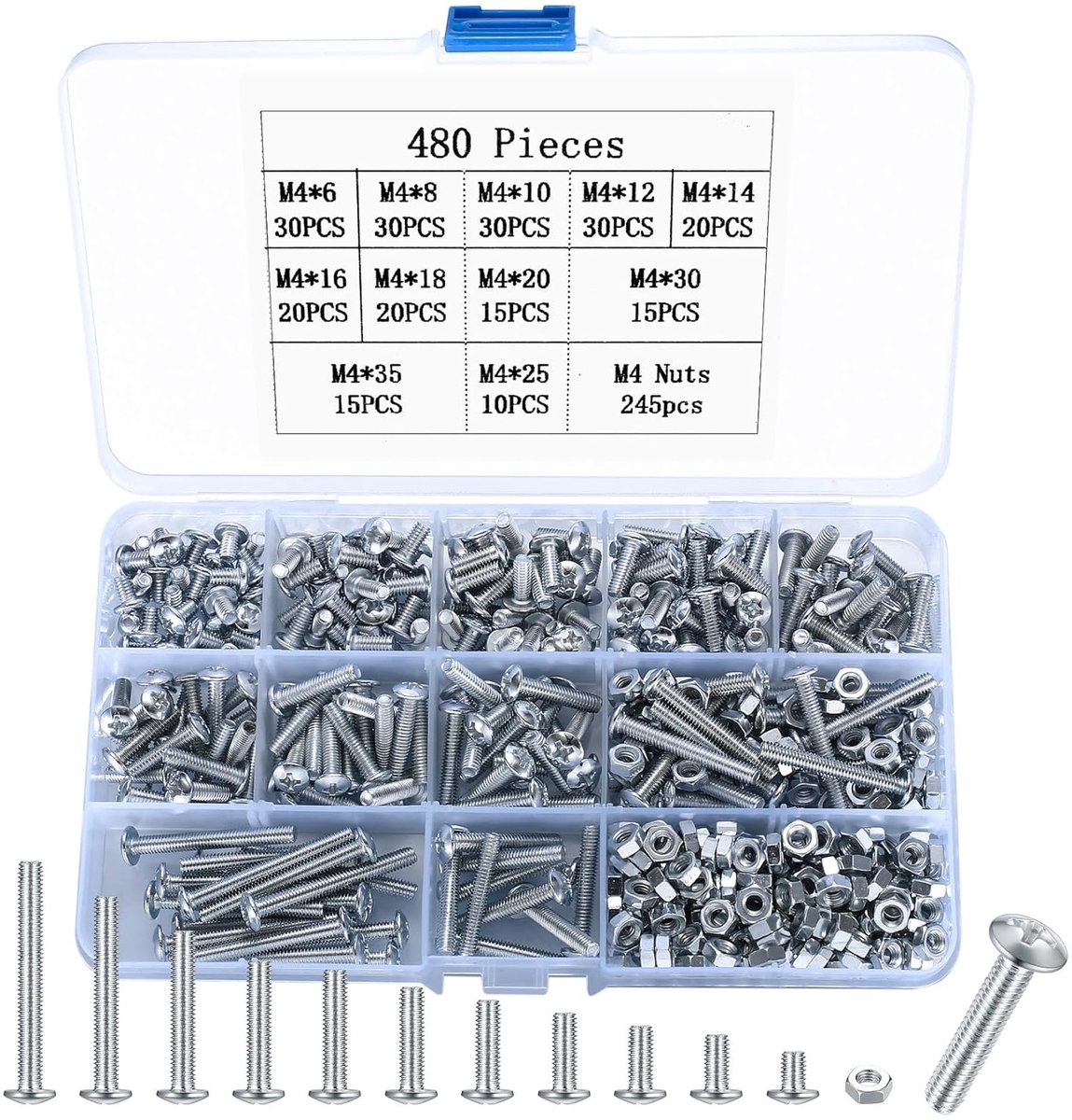 480 stuks M4 schroevenset, lenskopschroeven, moeren, roestvrij staal, machineschroeven, assortiment, kruiskopschroeven met moeren voor reparatie, industriële fietsschroeven (M4)