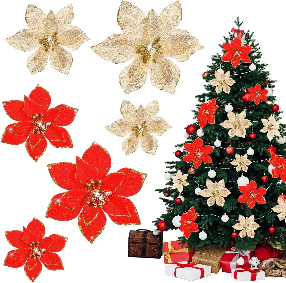 Kerstster Bloemen 3 Size Kunstmatige Glitter Poinsettia Bloemen met Clips Goud Rood Xmas Decoratie Ornamenten voor Kerstboom Nieuwjaar Thuis Buiten (Rood, Goud, 36 stuks)