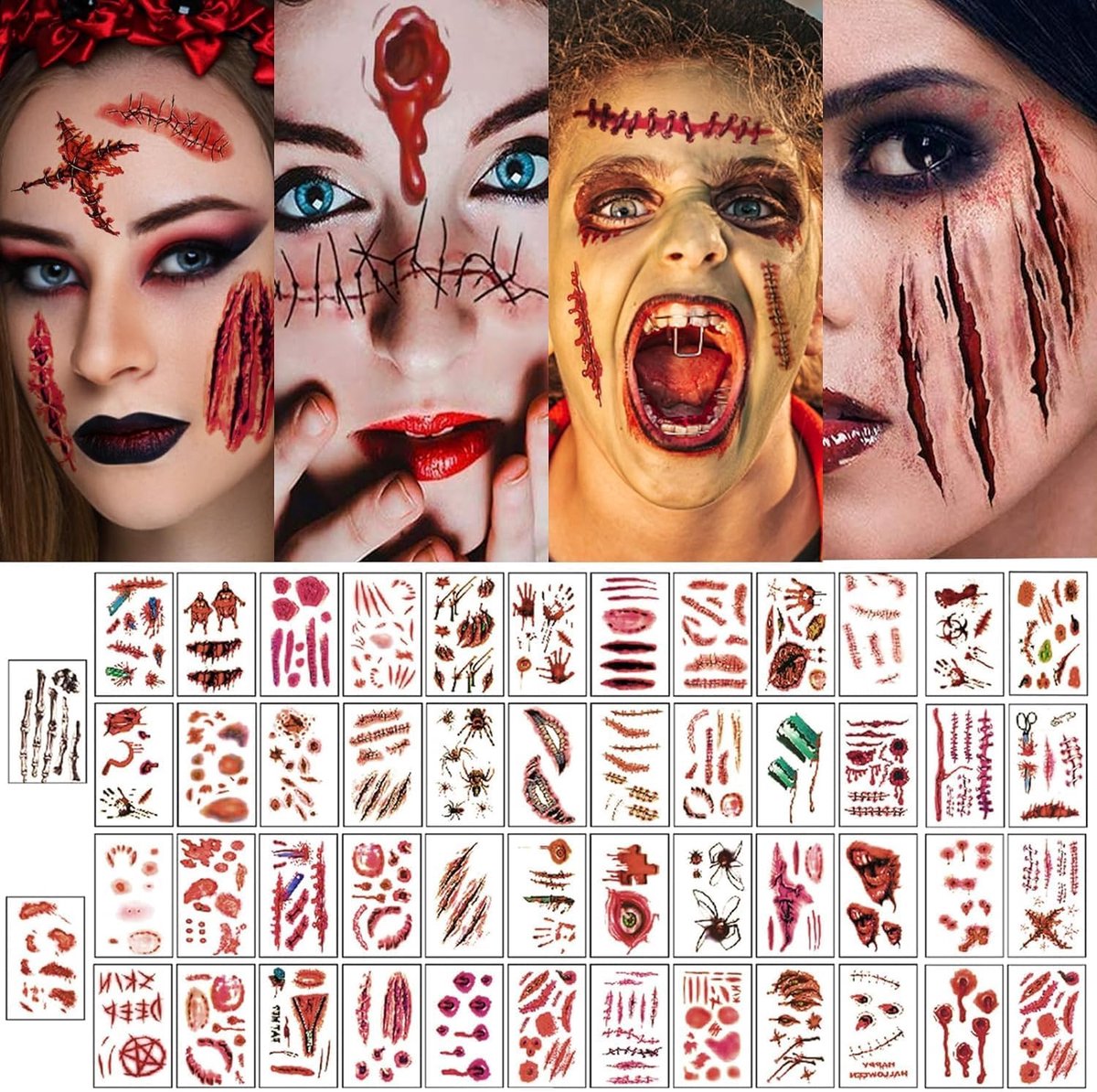 350 stuks Halloween tatoeages gezicht, Halloween tatoeage, gezichtstatoeage, littekens, Halloween, wondtattoo, realistisch, tijdelijke tatoeages voor Halloween, make-up, kostuum, griezelfeest