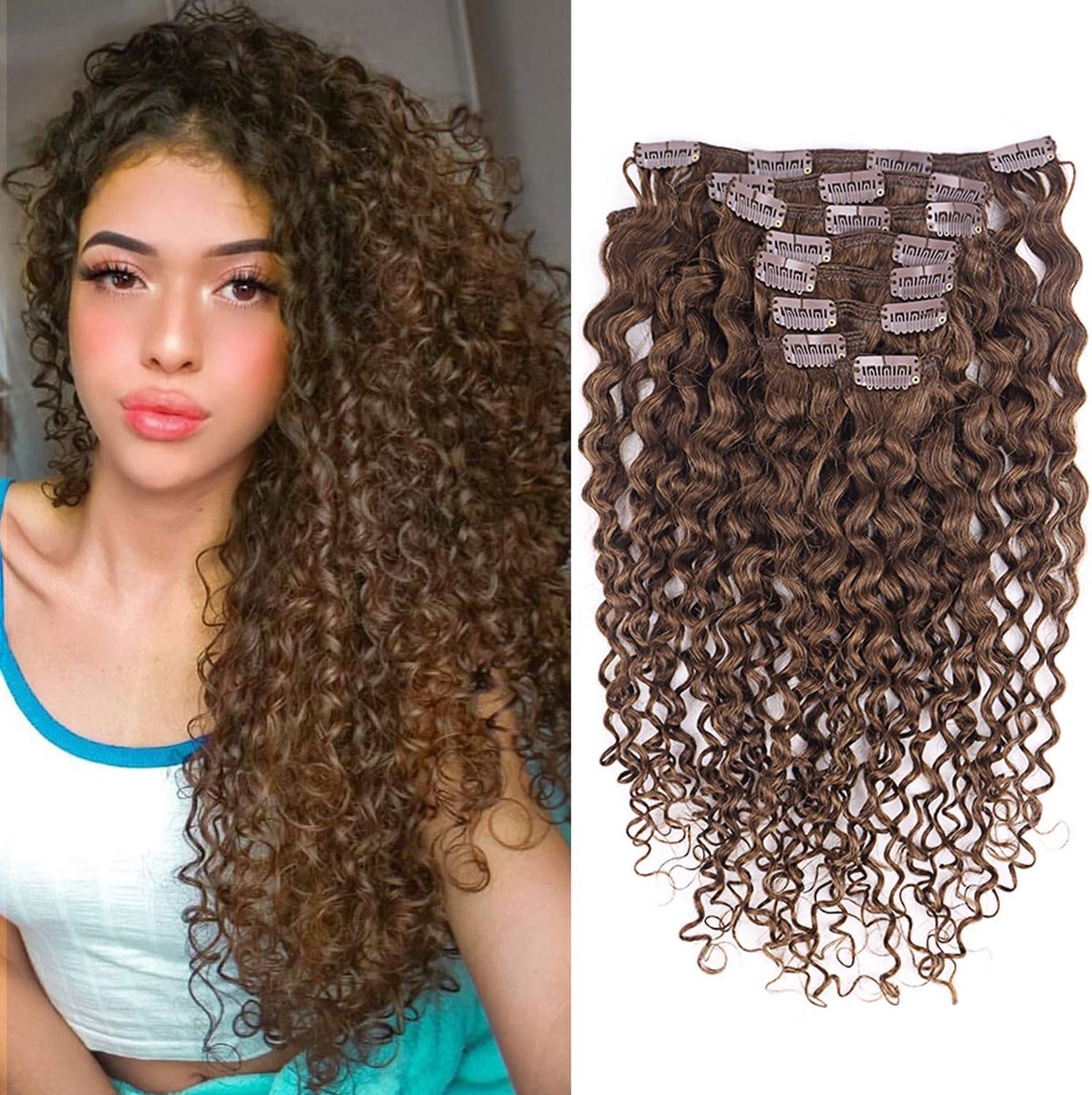 Haarextensies, echt haar, 45 cm, 8 stuks, 120 g, donkerbruin, haarstukjes, echt haar, clip-in haarverlenging voor vrouwen