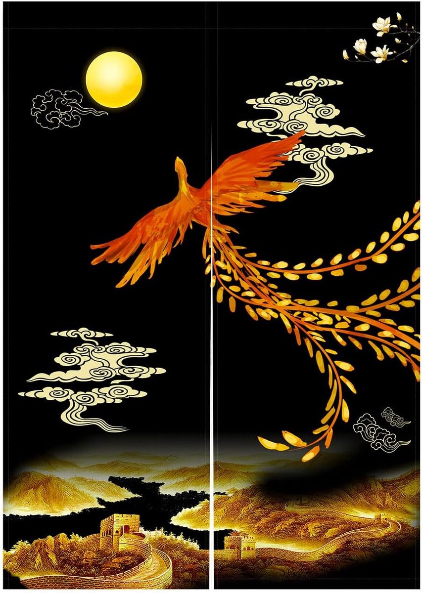 Chinese stijl Japanse Noren Deuropening Gordijn Traditionele Gouden Feniks Grote Muur Volle Maan Gedrukt Aziatische Raambehandeling Opknoping Deur Tapestry voor Sushi Keuken Woondecoratie 85 x 120 cm