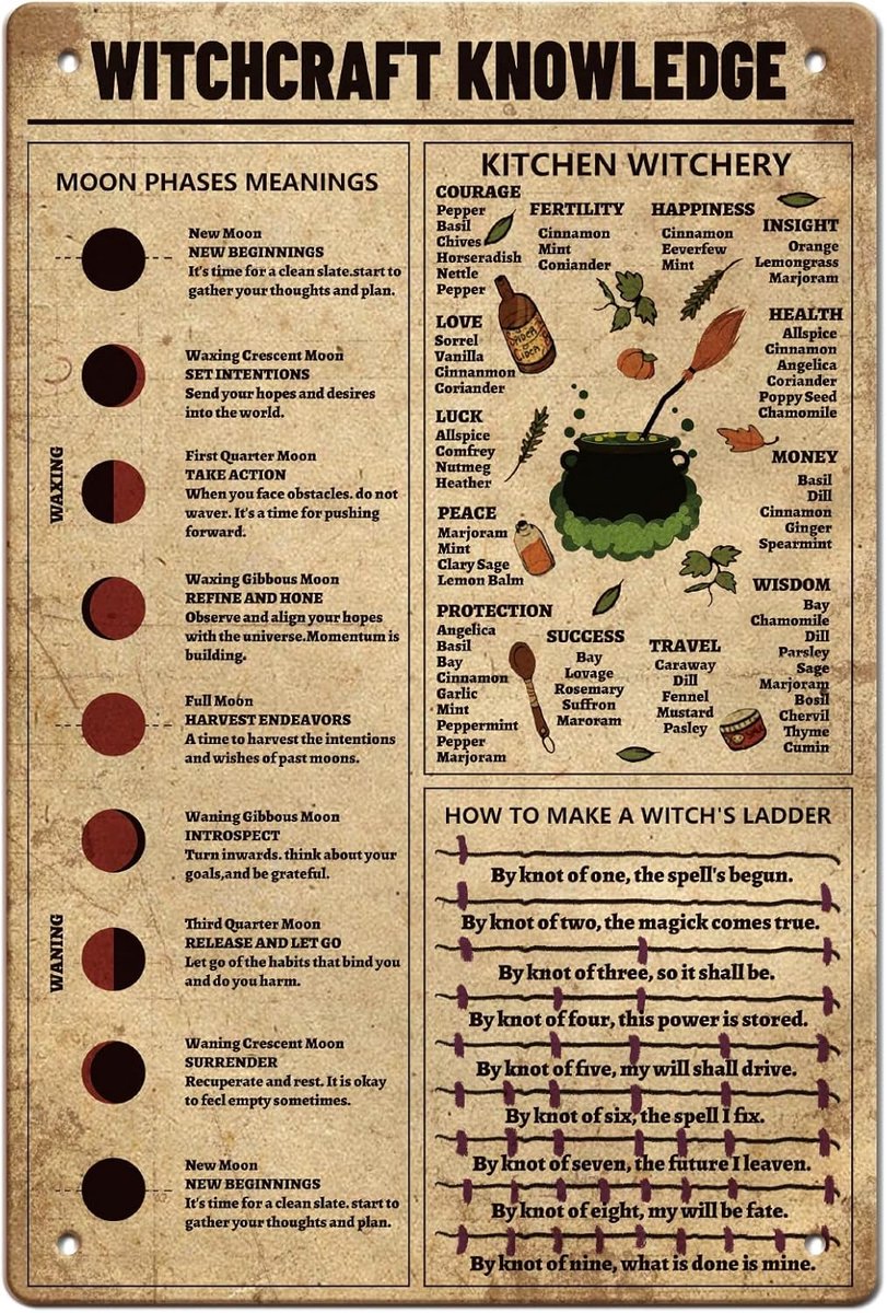 Witchcraft Knowledge Metalen bord Heksencultuur Vintage Metaal Blechschilderij Grappige Wandkunst Schilderij Metaaldecor Voor Heksenliefhebbers Heksenkamer Voorspellingskamer Allerheiligen