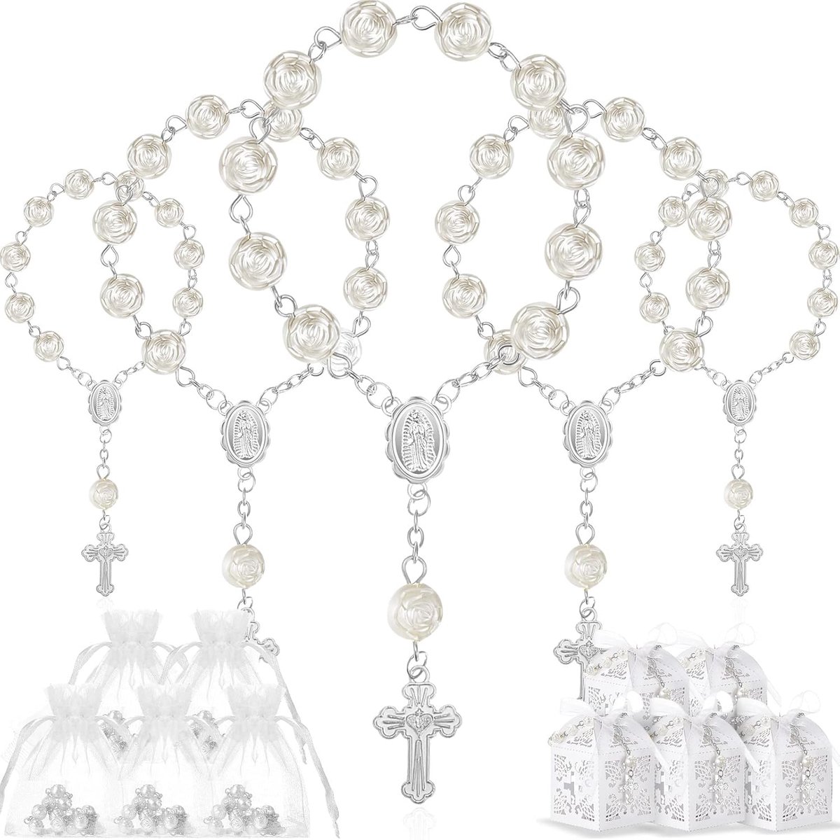 50 verpakkingen doop gunsten set inclusief ivoor acryl rozenkrans kralen faux parels witte organza zakken met trekkoord kruis doop gunst dozen met linten voor doop bruiloft benodigdheden (zilveren
