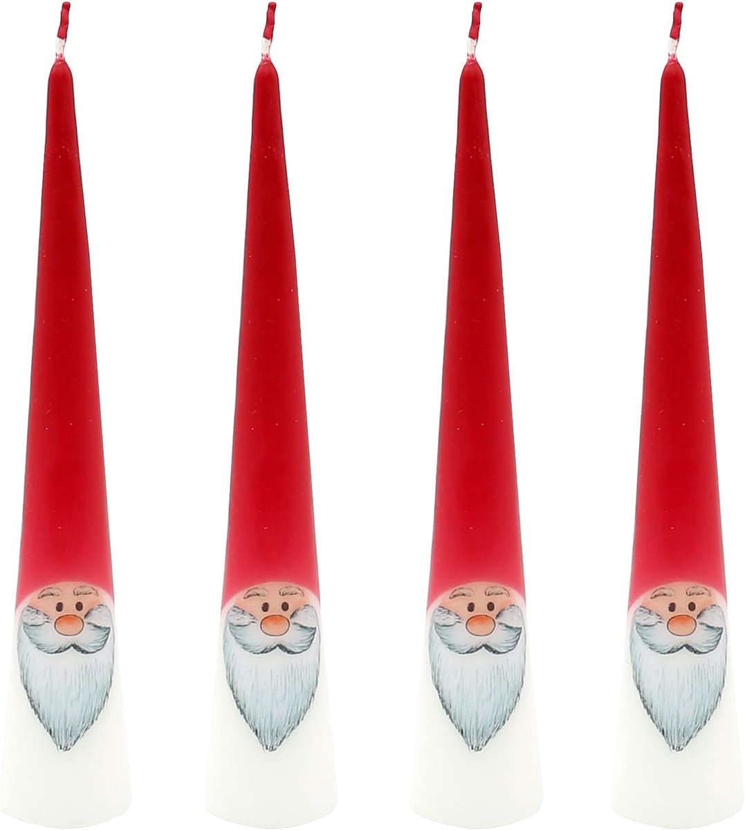 1 verpakking met 4 adventskaarsen in wit - rood, als kabouter, H/Ø: 25 x 4,5 cm.