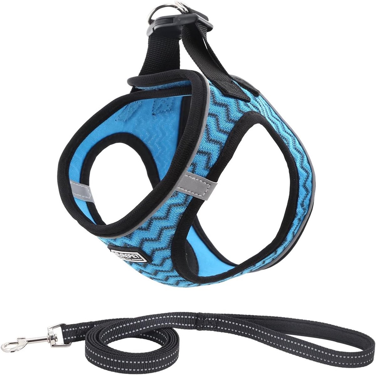 Set met hondenharnas en riem van zacht mesh, reflecterend, ademend, gevoerd, huisdierentuigje en riemset, comfort voor training, wandelen voor kleine honden en katten (blauwe golf, S)