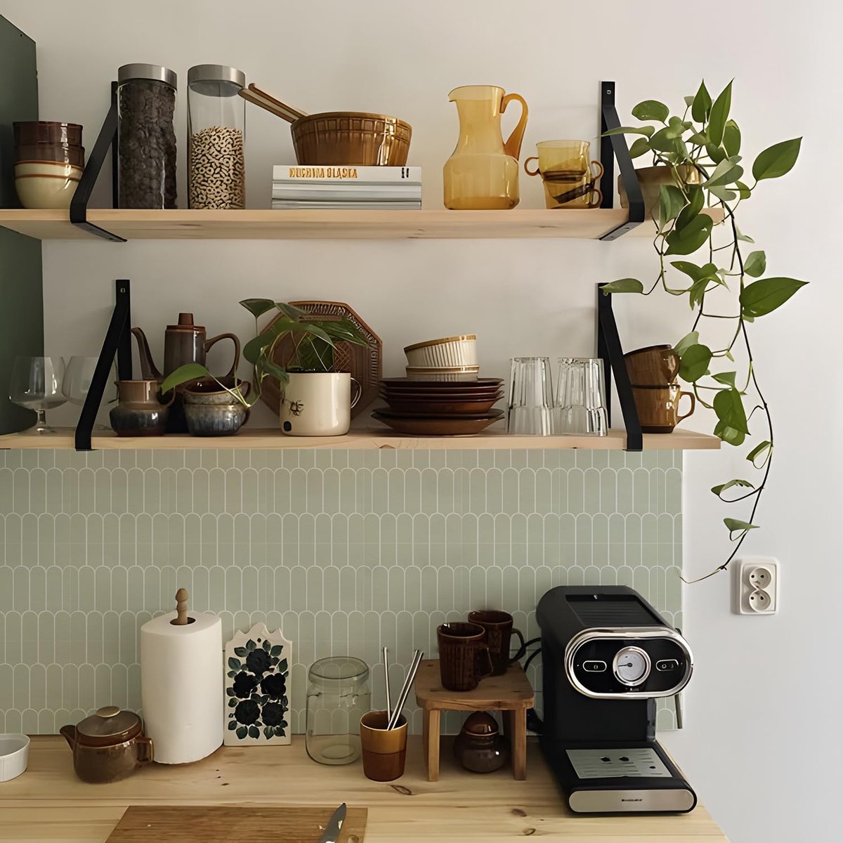 Tegelsticker, saliegroene zelfklevende plaktegels, sticker voor badkamer, keuken, spatwand, beschermfolie losmaken en aanbrengen, wandtegelsticker van vinyl, 10 stuks x 20 cm
