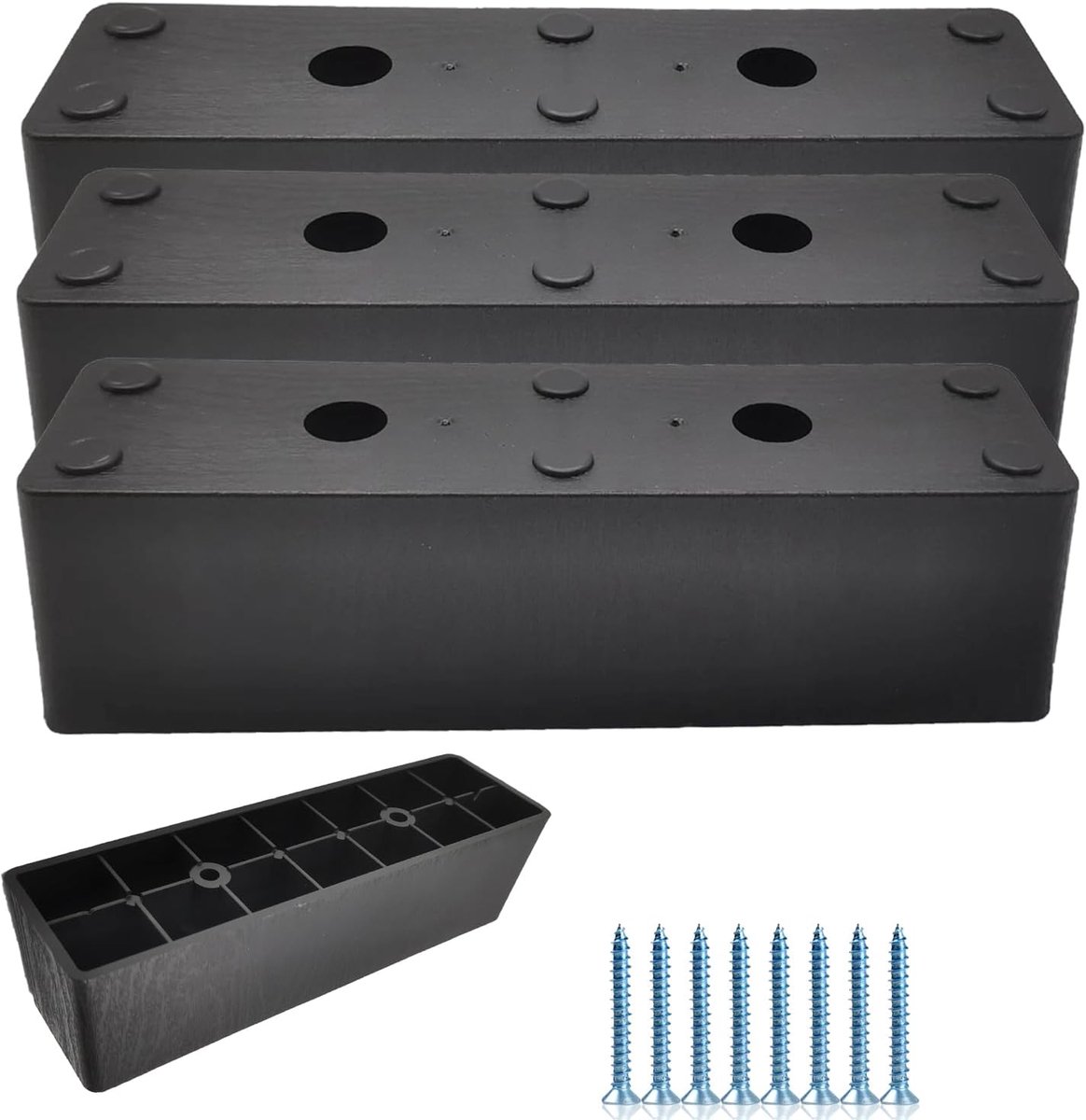 Poten, zwart, 4 stuks, steunpoten voor meubels, 180 x 50 x 50 mm, poten voor commodes, 50 mm, meubelverhoging, bedpoten met 8 schroeven