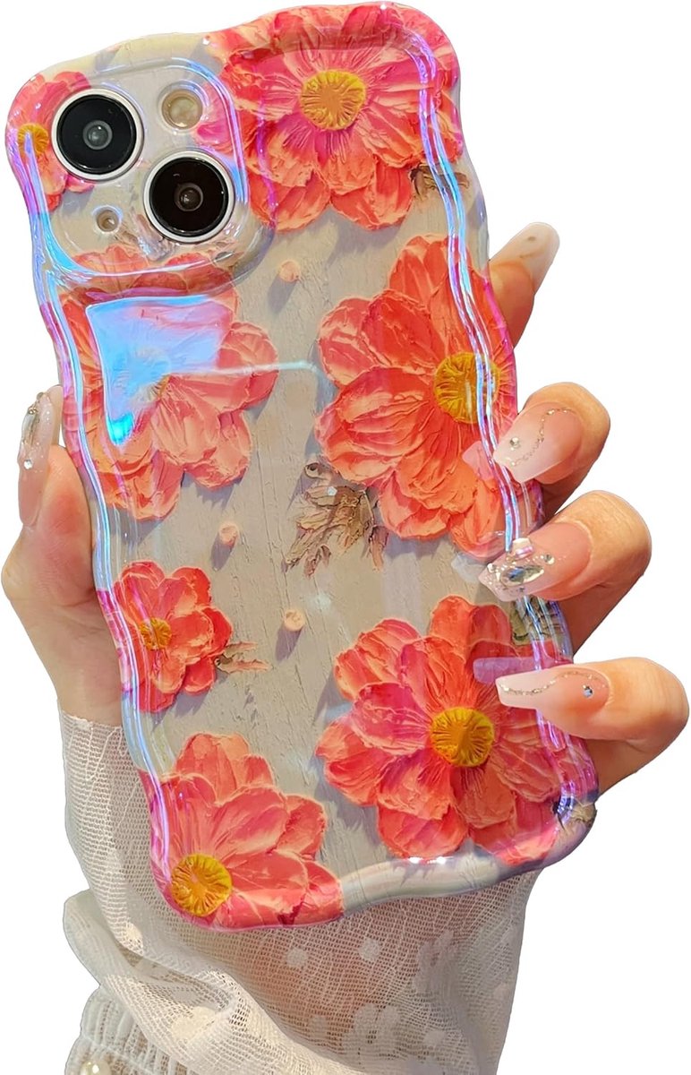 Kleurrijk Retro Olieverfschilderij Bloemenhoesje voor iPhone 15, Slanke Golfrand Laser Glanzende Schattige Bloemen Esthetische Telefoonhoes, voor Meisjes Vrouwen Slanke Zachte TPU