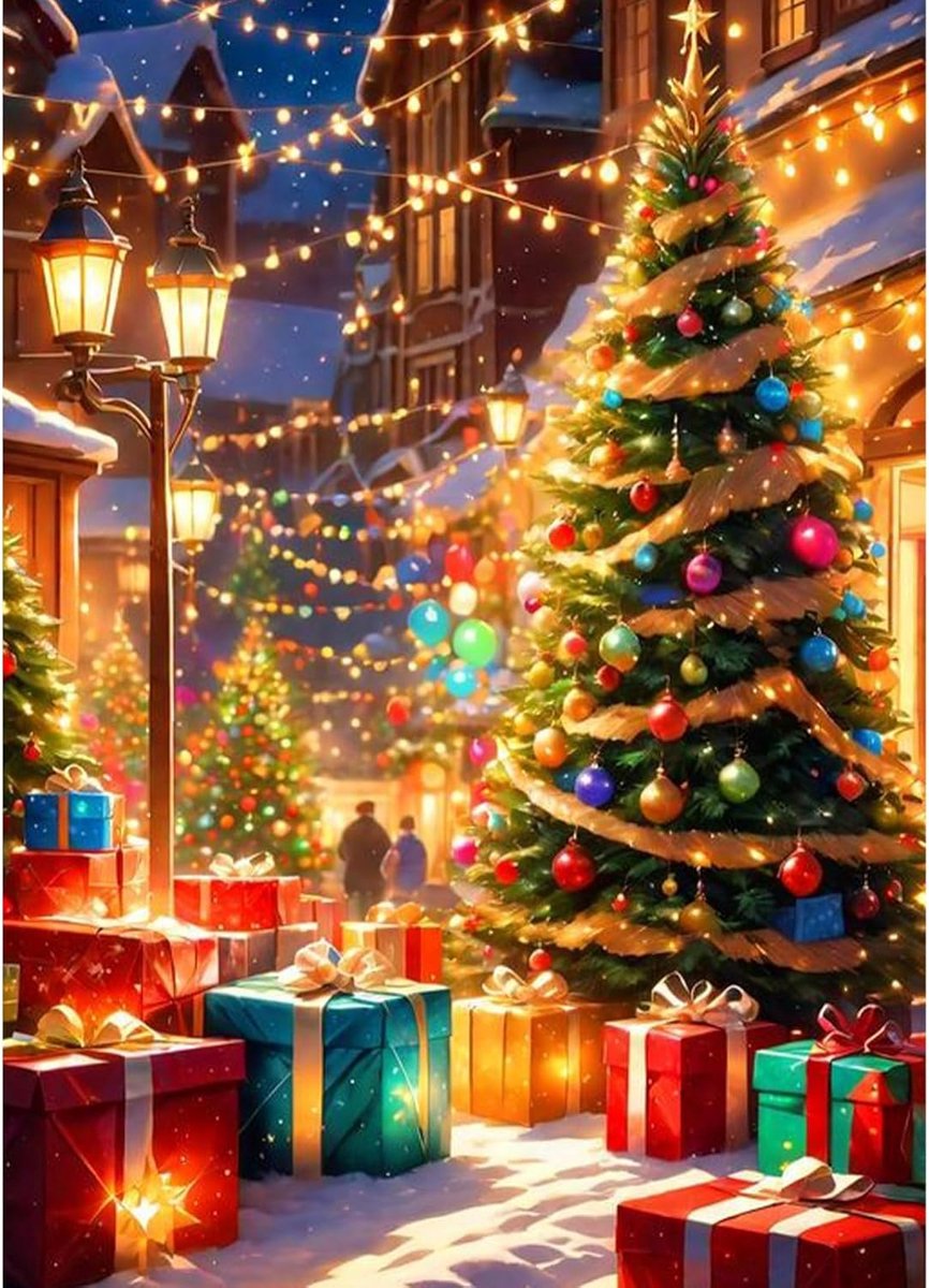 5D Diamant Schilderij Kerstboom Diamant Kunst Kits voor Volwassenen, Ronde Volledig Geboorde Kerststraat Diamant Schilderij Kit voor Beginners, DIY Edelsteen Kunst Handwerk voor Thuis, Muur