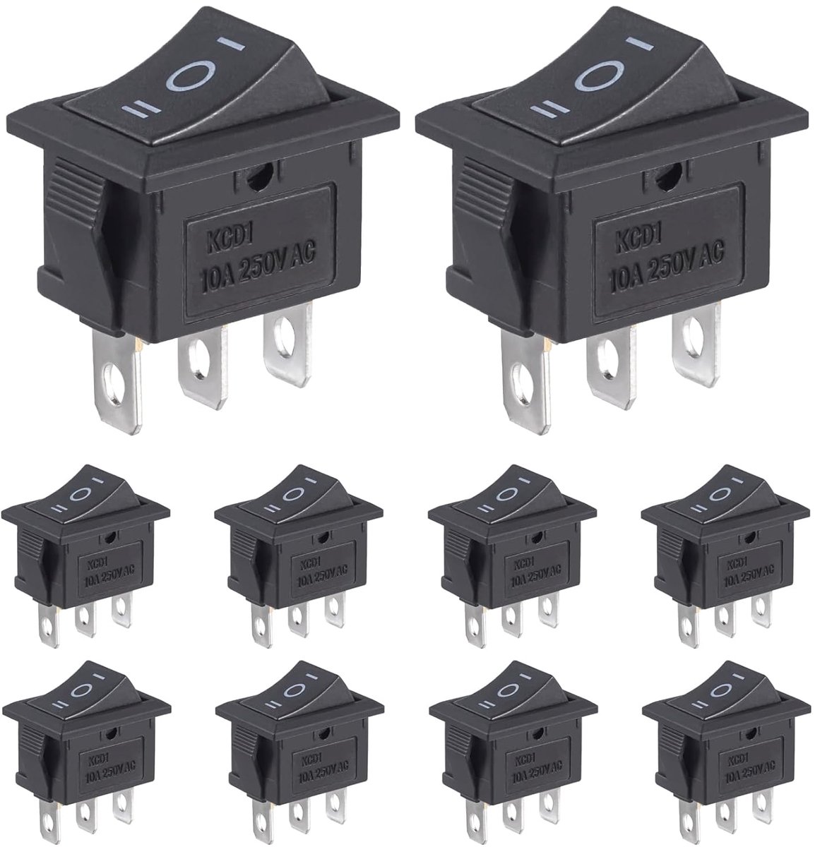 Tuimelschakelaars, 3-polige tuimelschakelaar, aan/uit, zwart, rechthoekige schakelaar, AC 250 V, 10 A, inbouwschakelaar, ingebed, 3 standen, 3-pins, bootschakelaar, 10 stuks