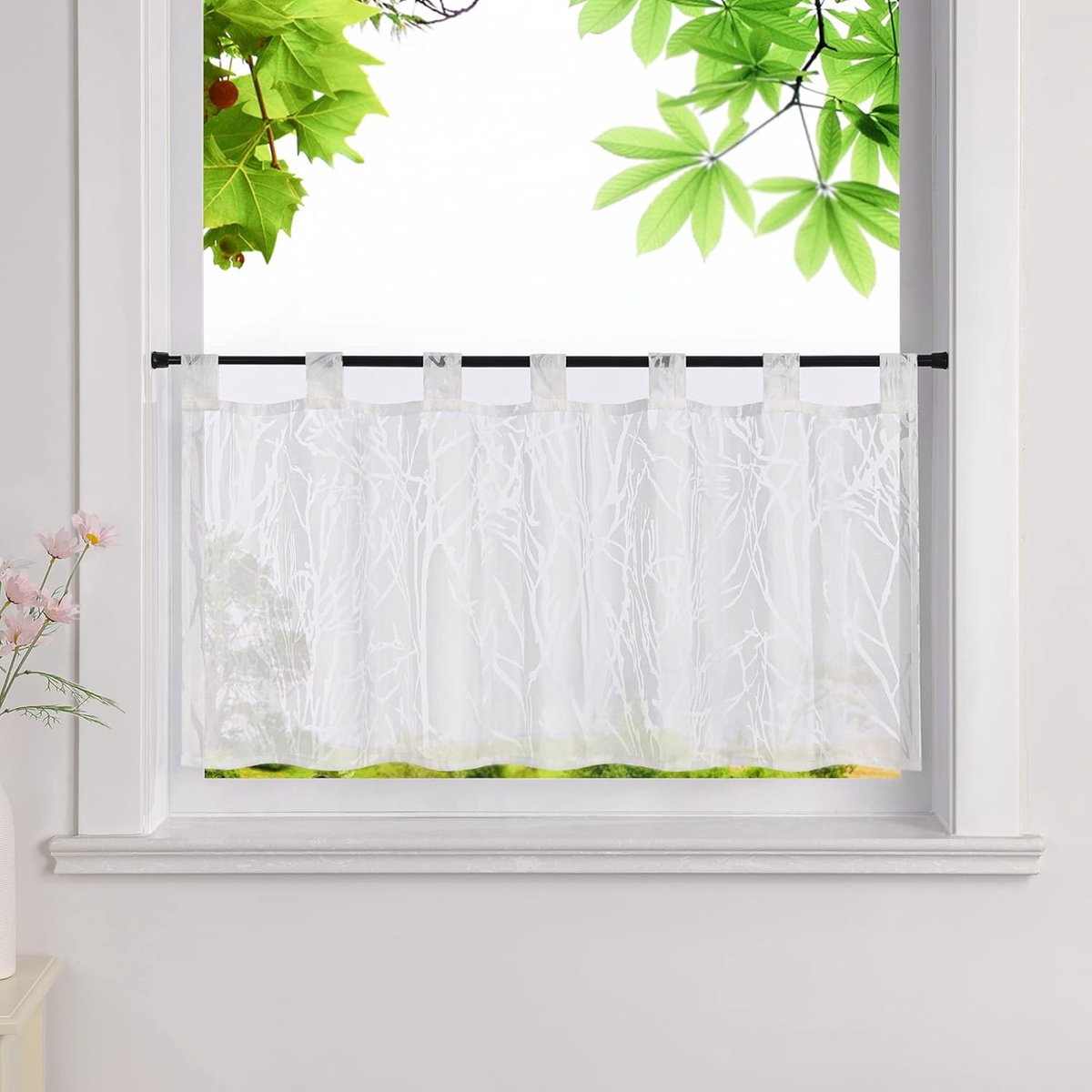 Ausbrenner vitrage transparant korte jaloezieën met lussen voile keuken gordijn twijgpatroon wit H x B 60x90cm