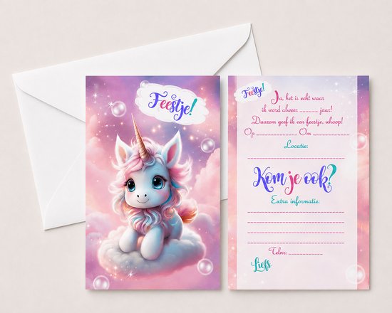 BCI036 - Verjaardagsuitnodigingen - uitnodiging kinderfeestje - uitnodigingen - kinderfeest uitnodigingen - kinderfeestje - uitnodigingen meisje - uitnodigingen eenhoorn - invulkaarten - Unicorn feestje - unicorn uitnodigingen - invuluitnodigingen