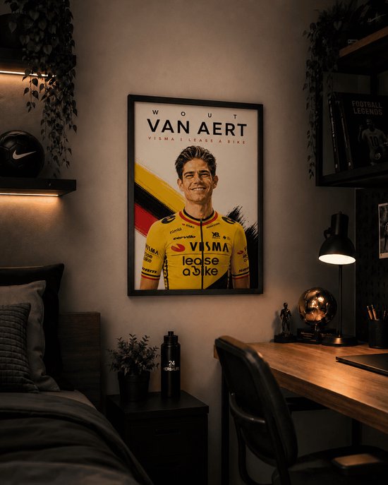Affiche de Wout van Aert portant un maillot de cyclisme jaune "VISMA lease a bike" sur un mur de chambre à coucher.