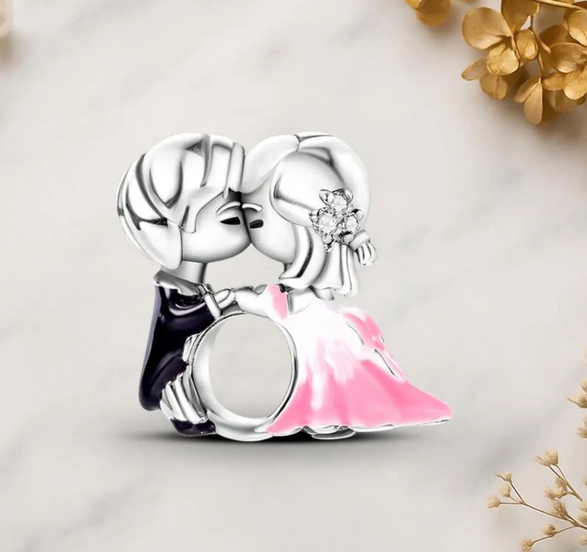 Fler® | Bedel | Past op populaire bedelarmbanden (standaard - 3mm) | Bruidspaar Bedel | Hangbedel Charm | 925 sterling zilver | Transparante zirkonia | Roze & zwarte emaille | Valentijnsdag Cadeau | Sinterklaas kado | Kerstcadeau |Verjaardagsgeschenk