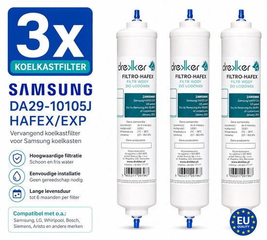 Drie Drekker FILTRO-HAFEX koelkastfilters, wit met blauwe logo's en tekst. Verpakt in witte dozen met informatie.