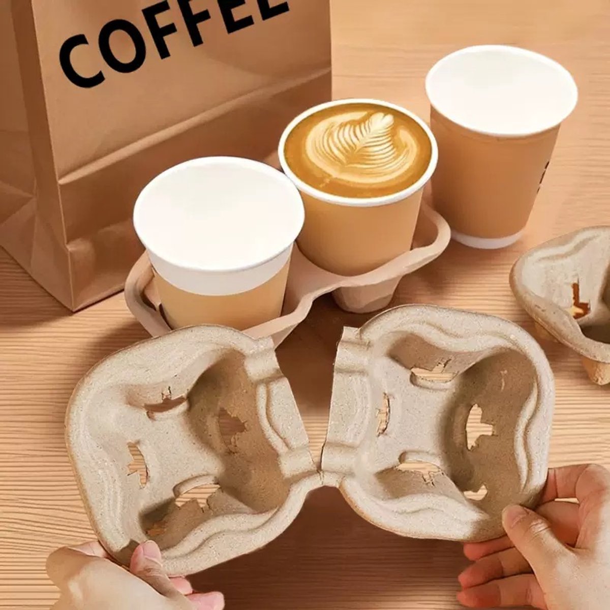 ATXANC Scheurbare Pulp Bekerhouder voor 2 Koffiebekers, Wegwerp Bekerhouder, Te Splitsen in 2 Enkele Bekerhouders, Voor Take-away Koffie & Dranken