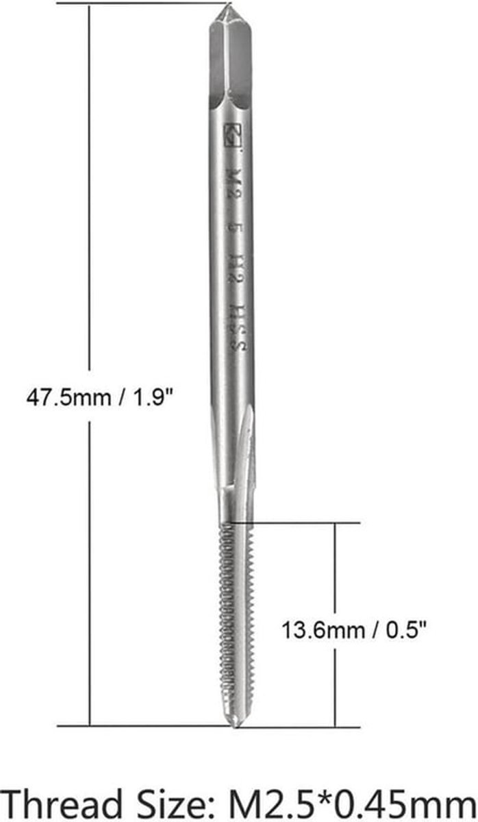 Machine Tap H2 - Metrische Tap - HSS - 3 Rechte Fluiten - Draadmaat M2.5 x 0.45mm - Voor Klokken/Horloges - Draadkraan